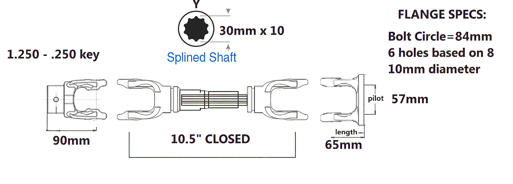 Spline yoke technical drawing 1-3/8 inch 6 spline