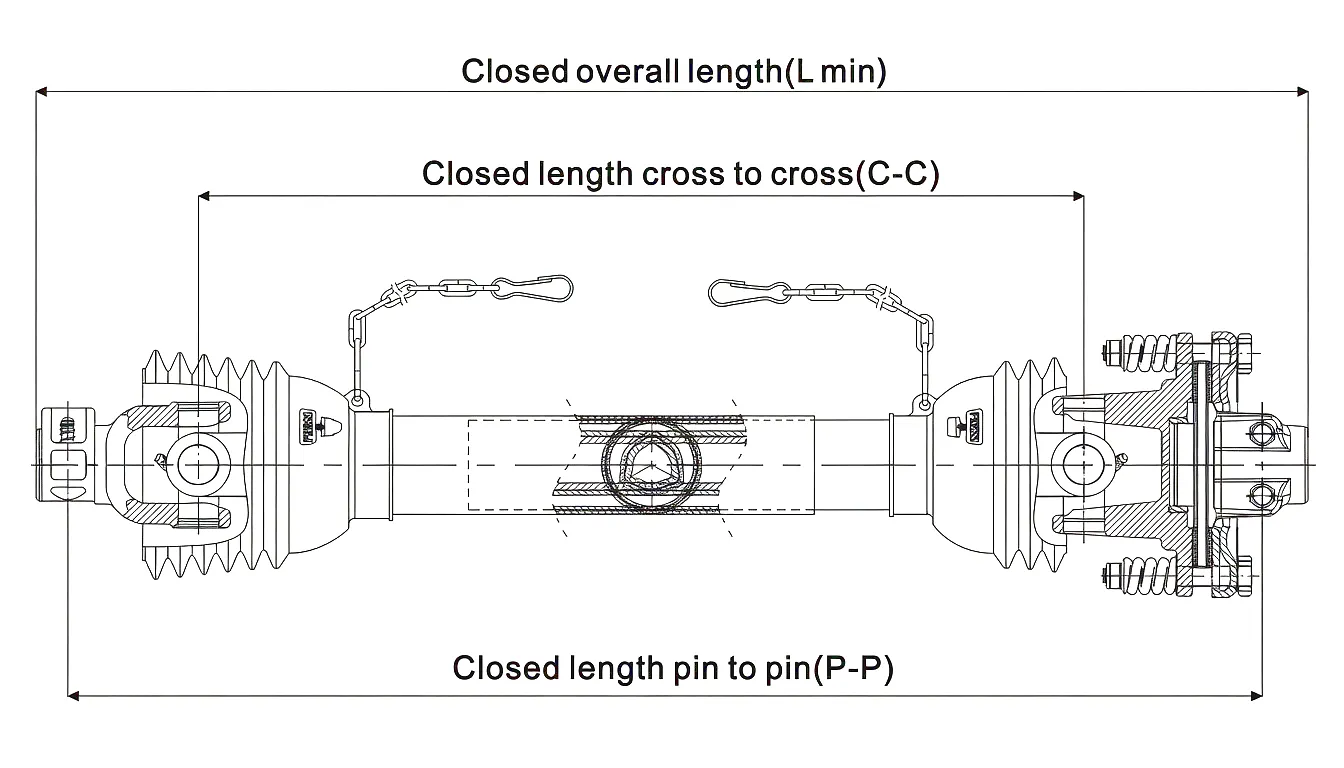 PTO shaft technical drawing dimensions for Jaylor TMR feed mixer